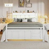 Full Bed Frame with Charging Station & LED Lights, Noise Free Metal Platform Full Size Bed Frames with Victorian Headboard and S - Omega Lifestyles