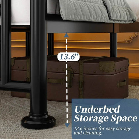 Full Bed Frame with Charging Station & LED Lights, Noise Free Metal Platform Full Size Bed Frames with Victorian Headboard and S - Omega Lifestyles