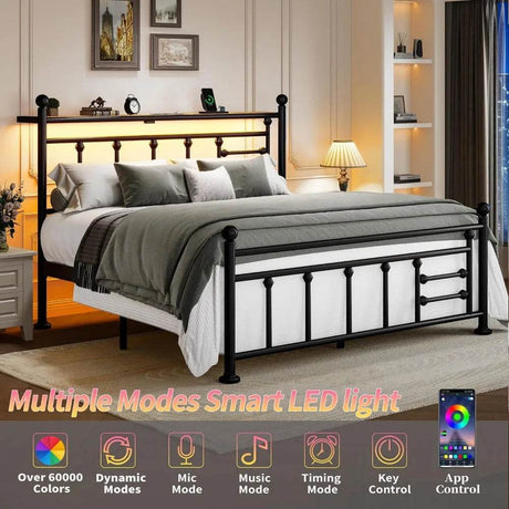 Full Bed Frame with Charging Station & LED Lights, Noise Free Metal Platform Full Size Bed Frames with Victorian Headboard and S - Omega Lifestyles