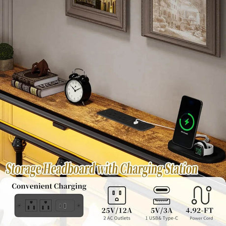 Full Bed Frame with Charging Station & LED Lights, Noise Free Metal Platform Full Size Bed Frames with Victorian Headboard and S - Omega Lifestyles