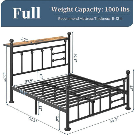 Full Bed Frame with Charging Station & LED Lights, Noise Free Metal Platform Full Size Bed Frames with Victorian Headboard and S - Omega Lifestyles
