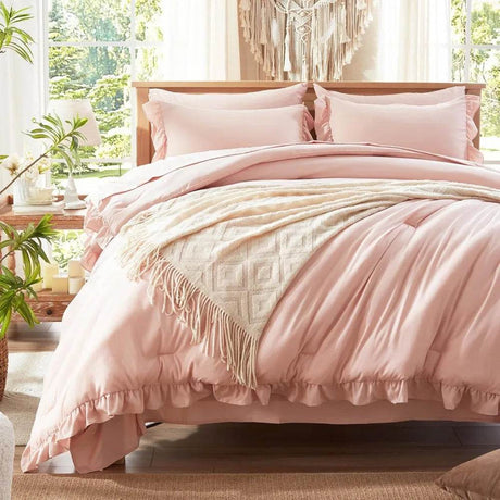 Full Comforter Set 7 Piece, Pink Bed in a Bag with Shams, All Season Ruffle Shabby Chic Bedding Sets with 1 Comforter, 2 Pillow - Omega Lifestyles