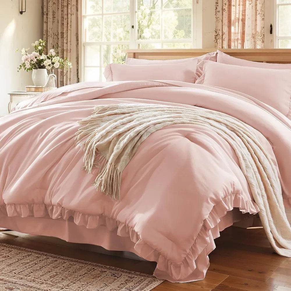 Full Comforter Set 7 Piece, Pink Bed in a Bag with Shams, All Season Ruffle Shabby Chic Bedding Sets with 1 Comforter, 2 Pillow - Omega Lifestyles