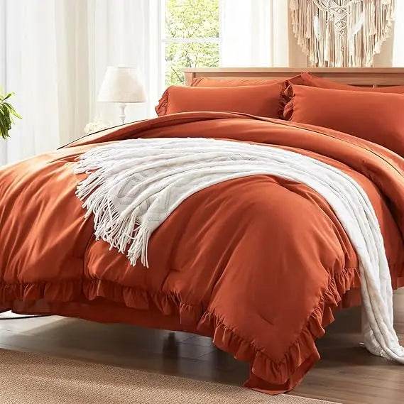 Full Comforter Set 7 Piece, Pink Bed in a Bag with Shams, All Season Ruffle Shabby Chic Bedding Sets with 1 Comforter, 2 Pillow - Omega Lifestyles