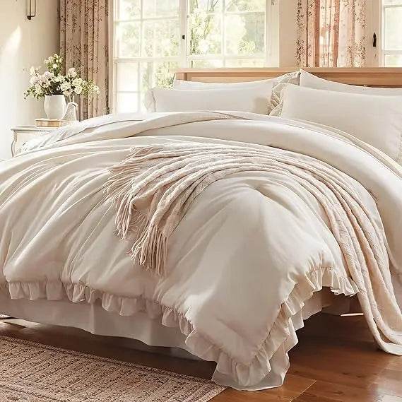 Full Comforter Set 7 Piece, Pink Bed in a Bag with Shams, All Season Ruffle Shabby Chic Bedding Sets with 1 Comforter, 2 Pillow - Omega Lifestyles