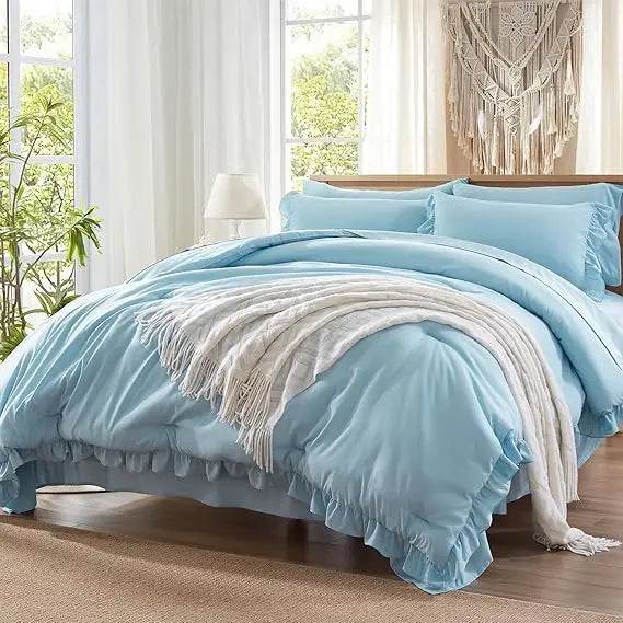 Full Comforter Set 7 Piece, Pink Bed in a Bag with Shams, All Season Ruffle Shabby Chic Bedding Sets with 1 Comforter, 2 Pillow - Omega Lifestyles