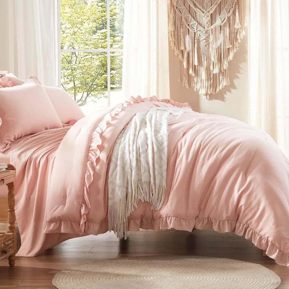 Full Comforter Set 7 Piece, Pink Bed in a Bag with Shams, All Season Ruffle Shabby Chic Bedding Sets with 1 Comforter, 2 Pillow - Omega Lifestyles