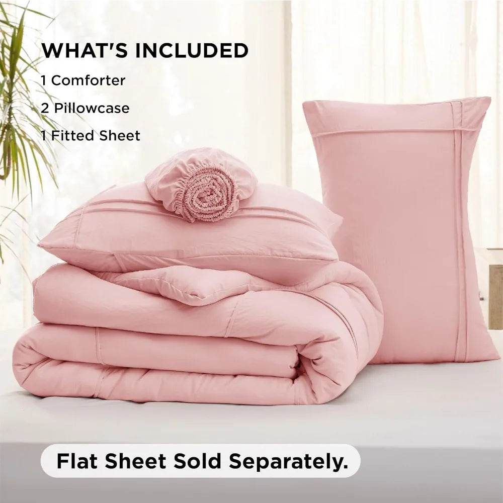 Full Comforter Set with Sheet - 4 Pieces Soft Light Pink Bedding, Grid Pinch Pleat, All Season Lightweight Fluffy Bed Set with - Omega Lifestyles