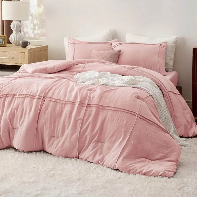 Full Comforter Set with Sheet - 4 Pieces Soft Light Pink Bedding, Grid Pinch Pleat, All Season Lightweight Fluffy Bed Set with - Omega Lifestyles