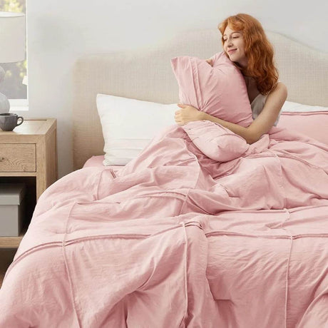 Full Comforter Set with Sheet - 4 Pieces Soft Light Pink Bedding, Grid Pinch Pleat, All Season Lightweight Fluffy Bed Set with - Omega Lifestyles