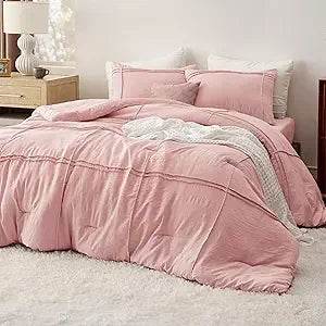 Full Comforter Set with Sheet - 4 Pieces Soft Light Pink Bedding, Grid Pinch Pleat, All Season Lightweight Fluffy Bed Set with - Omega Lifestyles