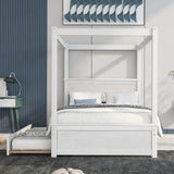 Full Size Canopy Bed with Trundle and Headboard, Solid Wood Four Poster Bed Frame with Support Slats, Wood Canopy Platform Bed f - Sleep Galleria
