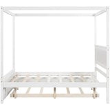 Full Size Canopy Bed with Trundle and Headboard, Solid Wood Four Poster Bed Frame with Support Slats, Wood Canopy Platform Bed f - Sleep Galleria