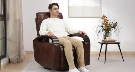 Genuine Leather Power Swivel Glider Rocker Recliner, Adjustable Power Headrest, Wooden Armrest, Certified Recliner Chair Sofa - Omega Lifestyles