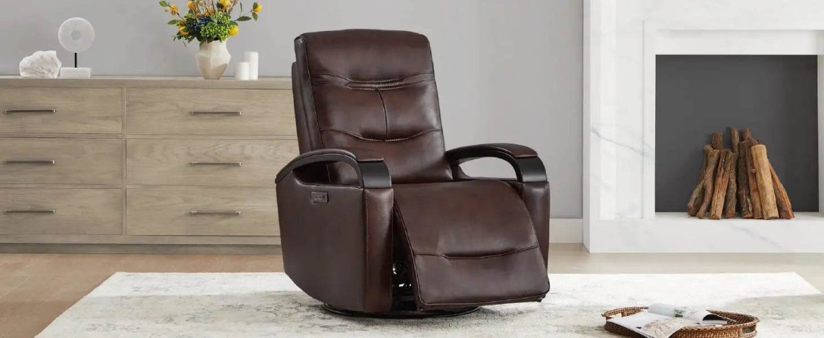 Genuine Leather Power Swivel Glider Rocker Recliner, Adjustable Power Headrest, Wooden Armrest, Certified Recliner Chair Sofa - Omega Lifestyles