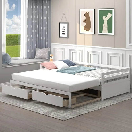 Giantex Wood Daybed with Trundle, Twin to King Extendable Daybed with 2 Storage Drawers, Dual-use Modern Day Bed for Teens, Adul - Sleep Galleria