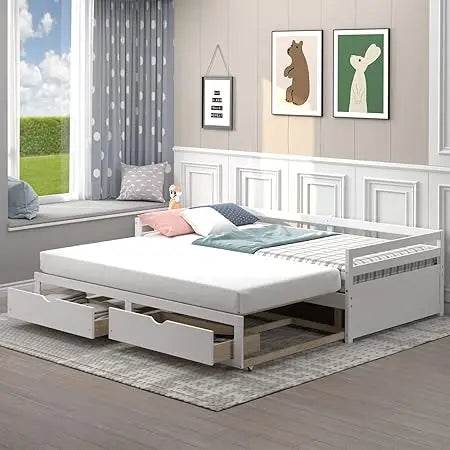 Giantex Wood Daybed with Trundle, Twin to King Extendable Daybed with 2 Storage Drawers, Dual-use Modern Day Bed for Teens, Adul - Sleep Galleria
