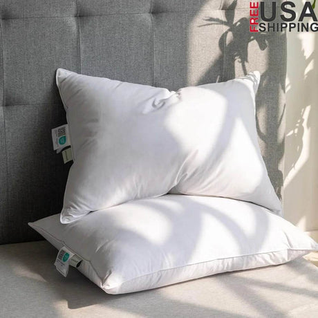 Goose Feather Down Pillows Queen Size Set of 2 Soft Medium Support Hotel Quality 600TC Cotton Cover Hypoallergenic Sleep Comfort - Omega Lifestyles