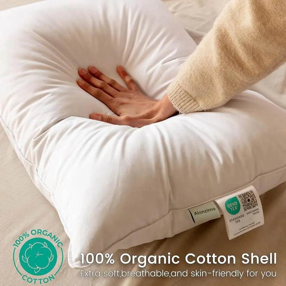 Goose Feather Down Pillows Queen Size Set of 2 Soft Medium Support Hotel Quality 600TC Cotton Cover Hypoallergenic Sleep Comfort - Omega Lifestyles