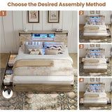 Hasuit Farmhouse Bed Frame King Size with Storage Bookcase Headboard, Wooden King Bed with LED Lights, Charging Station, 2 Drawe - Sleep Galleria