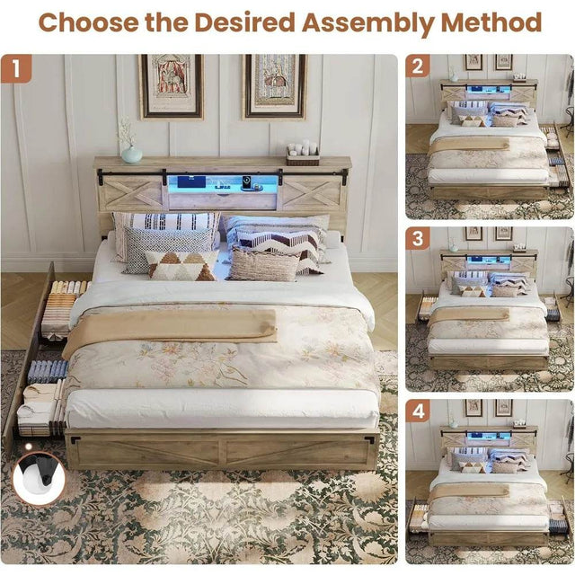 Hasuit Farmhouse Bed Frame King Size with Storage Bookcase Headboard, Wooden King Bed with LED Lights, Charging Station, 2 Drawe - Omega Lifestyles
