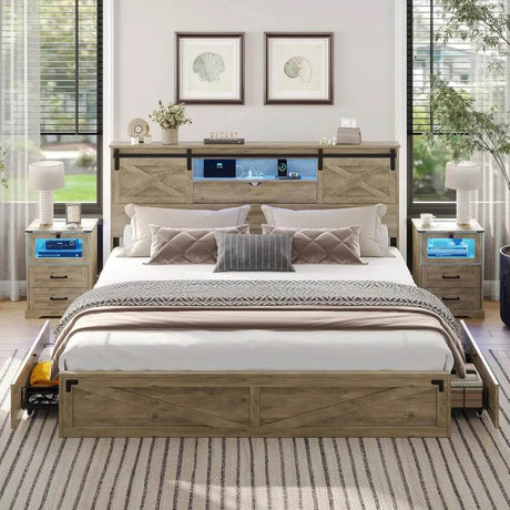 Hasuit Farmhouse Bed Frame King Size with Storage Bookcase Headboard, Wooden King Bed with LED Lights, Charging Station, 2 Drawe - Sleep Galleria