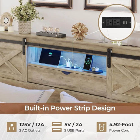 Hasuit Farmhouse Bed Frame King Size with Storage Bookcase Headboard, Wooden King Bed with LED Lights, Charging Station, 2 Drawe - Sleep Galleria