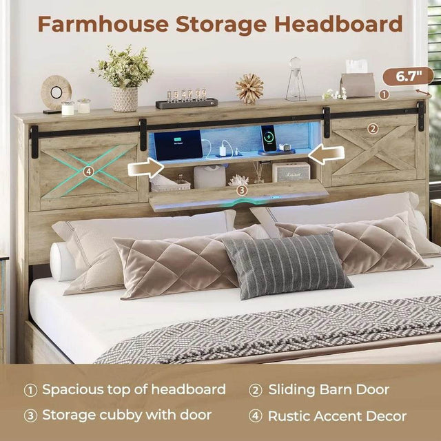 Hasuit Farmhouse Bed Frame King Size with Storage Bookcase Headboard, Wooden King Bed with LED Lights, Charging Station, 2 Drawe - Omega Lifestyles
