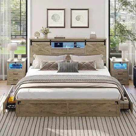 Hasuit Farmhouse Bed Frame King Size with Storage Bookcase Headboard, Wooden King Bed with LED Lights, Charging Station, 2 Drawe - Sleep Galleria