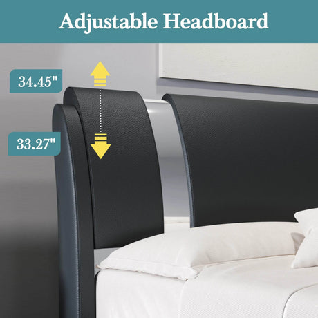 HOOMIC Modern Faux Leather Bed Frame with Iron Pieces Decor, Low Profile Platform Bed with Height-Adjustable Headboard - Sleep Galleria