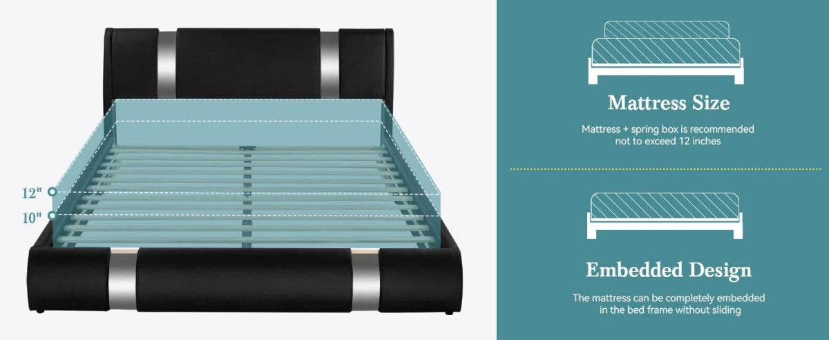 HOOMIC Modern Faux Leather Bed Frame with Iron Pieces Decor, Low Profile Platform Bed with Height-Adjustable Headboard - Sleep Galleria