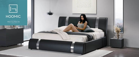 HOOMIC Modern Faux Leather Bed Frame with Iron Pieces Decor, Low Profile Platform Bed with Height-Adjustable Headboard - Sleep Galleria