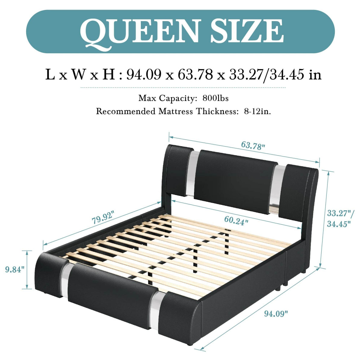 HOOMIC Modern Faux Leather Bed Frame with Iron Pieces Decor, Low Profile Platform Bed with Height-Adjustable Headboard - Sleep Galleria