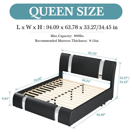 HOOMIC Modern Faux Leather Bed Frame with Iron Pieces Decor, Low Profile Platform Bed with Height-Adjustable Headboard - Sleep Galleria