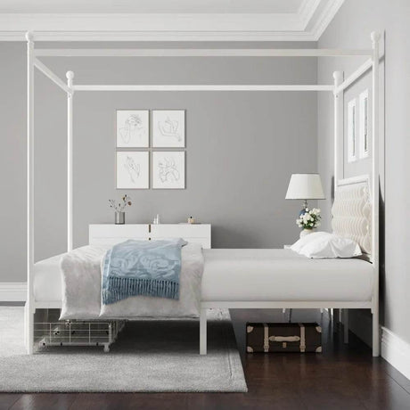 Keyluv Full Upholstered Canopy Bed Frame with 2 Drawers and Button Tufted Headboard, Metal Platform Bed with 4 Removable Posts, - Omega Lifestyles