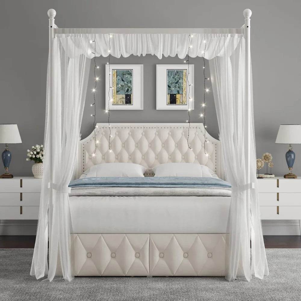 Keyluv Full Upholstered Canopy Bed Frame with 2 Drawers and Button Tufted Headboard, Metal Platform Bed with 4 Removable Posts, - Omega Lifestyles