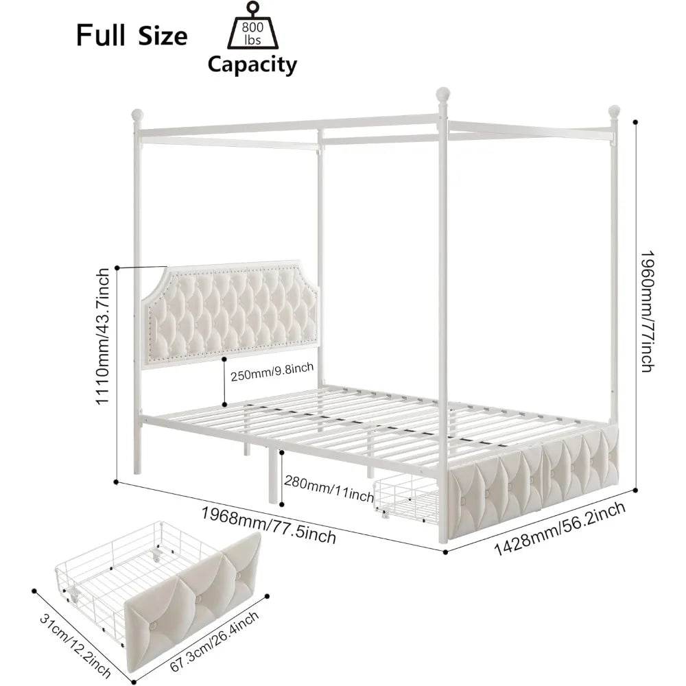 Keyluv Full Upholstered Canopy Bed Frame with 2 Drawers and Button Tufted Headboard, Metal Platform Bed with 4 Removable Posts, - Omega Lifestyles