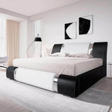 King Size Bed Frame with Iron Piece Decor, Faux Leather Upholstered Platform Bed with Curved Adjustable Headboard - Omega Lifestyles