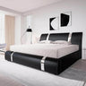 King Size Bed Frame with Iron Piece Decor, Faux Leather Upholstered Platform Bed with Curved Adjustable Headboard - Omega Lifestyles