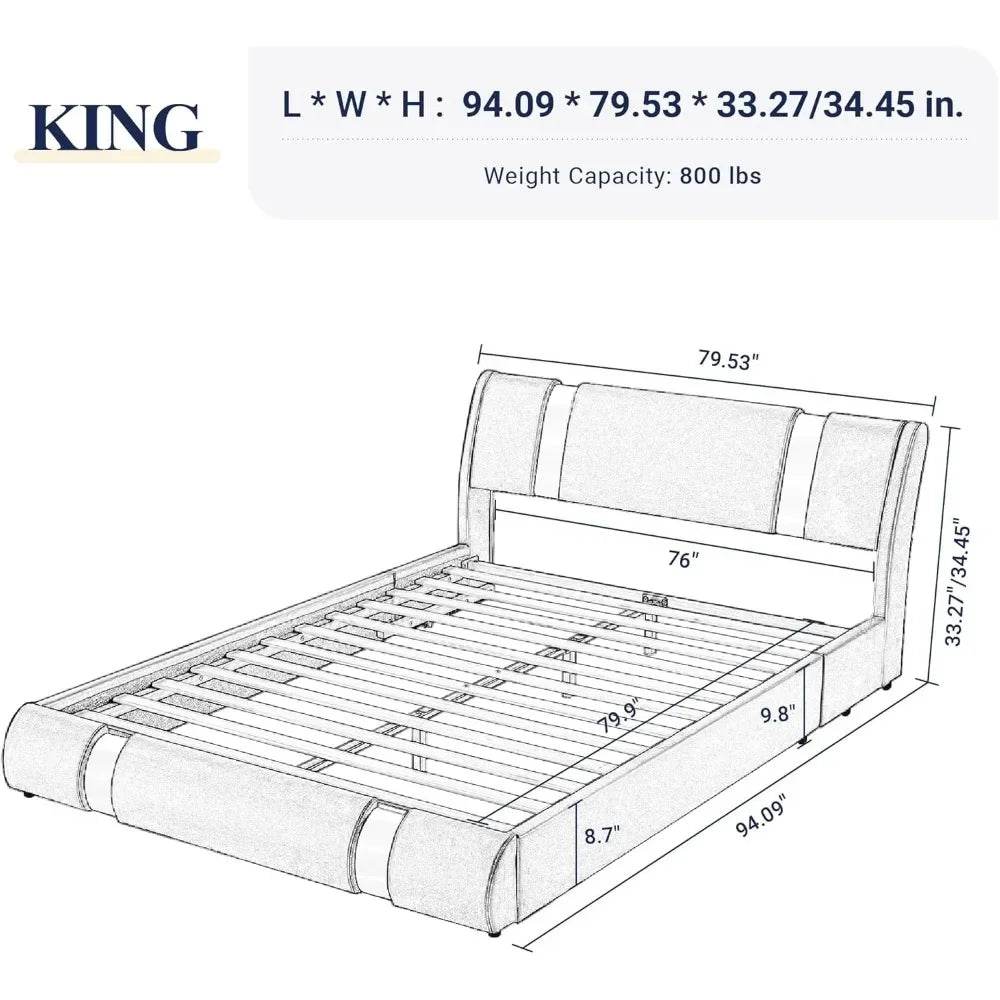 King Size Bed Frame with Iron Piece Decor, Faux Leather Upholstered Platform Bed with Curved Adjustable Headboard - Omega Lifestyles