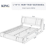 King Size Bed Frame with Iron Piece Decor, Faux Leather Upholstered Platform Bed with Curved Adjustable Headboard - Omega Lifestyles