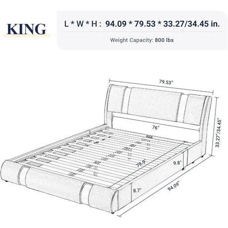 King Size Bed Frame with Iron Piece Decor, Faux Leather Upholstered Platform Bed with Curved Adjustable Headboard - Omega Lifestyles