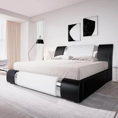 King Size Bed Frame with Iron Piece Decor, Faux Leather Upholstered Platform Bed with Curved Adjustable Headboard - Omega Lifestyles