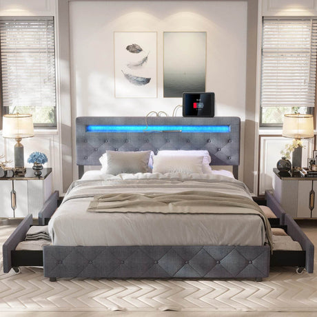 King/Queen Size LED Bed Frame with 4 Drawers & 2 USB Charging Station, Modern Adjustable Upholstered Button Tufted Headboard - Sleep Galleria - Sleep Galleria