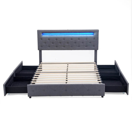 King/Queen Size LED Bed Frame with 4 Drawers & 2 USB Charging Station, Modern Adjustable Upholstered Button Tufted Headboard - Sleep Galleria - Sleep Galleria