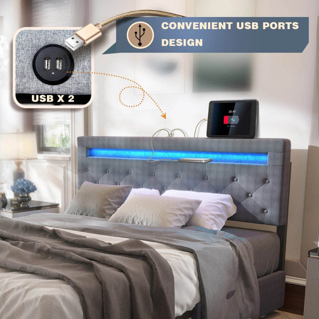 King/Queen Size LED Bed Frame with 4 Drawers & 2 USB Charging Station, Modern Adjustable Upholstered Button Tufted Headboard - Omega Lifestyles