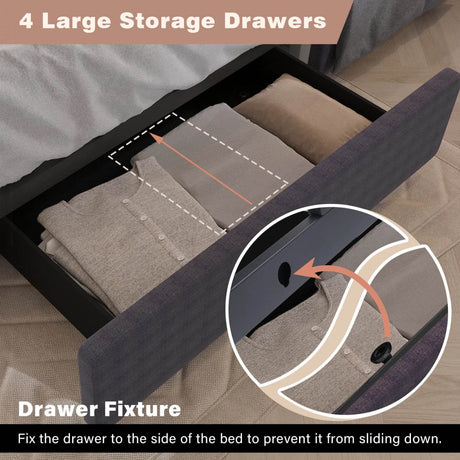 King/Queen Size LED Bed Frame with 4 Drawers & 2 USB Charging Station, Modern Adjustable Upholstered Button Tufted Headboard - Sleep Galleria - Sleep Galleria
