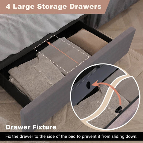 King/Queen Size LED Bed Frame with 4 Drawers & 2 USB Charging Station, Modern Adjustable Upholstered Button Tufted Headboard - Sleep Galleria - Sleep Galleria