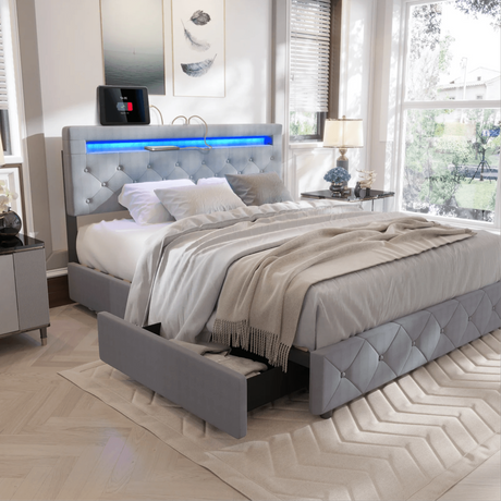 King/Queen Size LED Bed Frame with 4 Drawers & 2 USB Charging Station, Modern Adjustable Upholstered Button Tufted Headboard - Sleep Galleria - Sleep Galleria