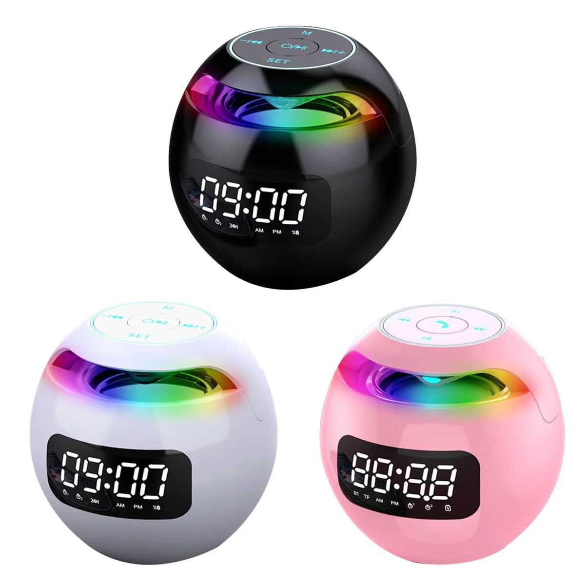 LED Digital Smart Alarm Clock Spherical Digital Clock 2000mAh LED Screen Desk Clocks Bluetooth 5.0 Speaker TF Card FM Radio - Omega Lifestyles